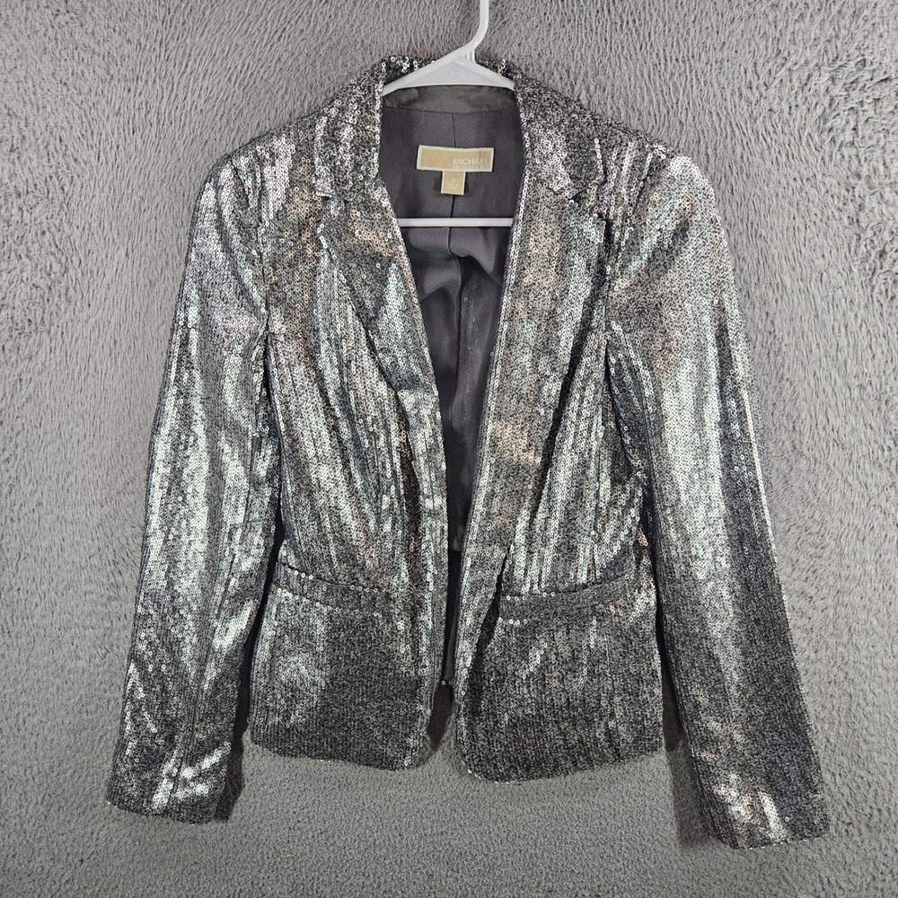 Michael Michael Kors Silver Sequin Blazer Jacket Metallic Holiday Party Womens 2